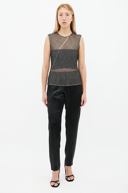 Dries Van Noten Black 
Beige Mesh Bead Embellished Sleeveless Top