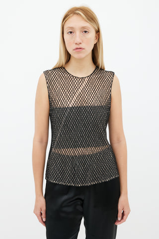 Dries Van Noten Black 
Beige Mesh Bead Embellished Sleeveless Top