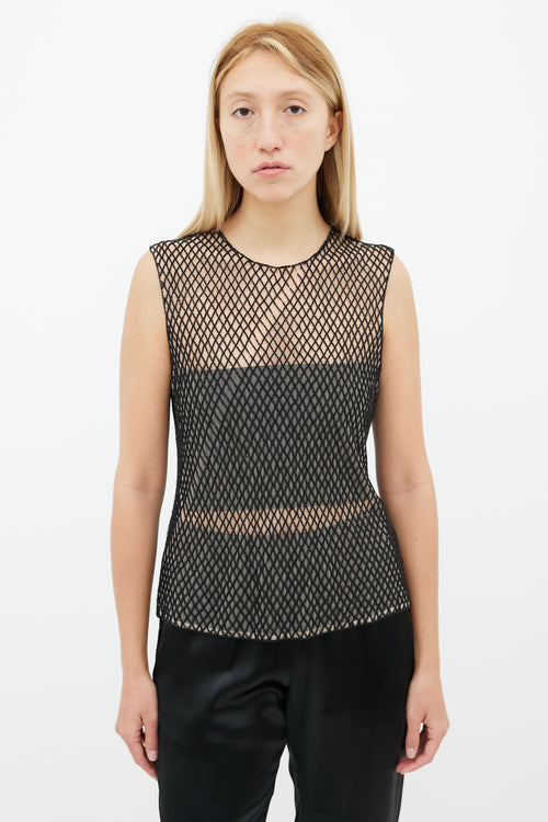 Dries Van Noten Black 
Beige Mesh Bead Embellished Sleeveless Top