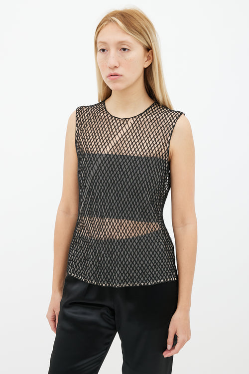 Dries Van Noten Black 
Beige Mesh Bead Embellished Sleeveless Top