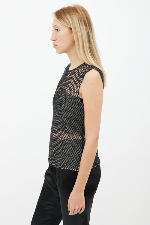 Dries Van Noten Black 
Beige Mesh Bead Embellished Sleeveless Top