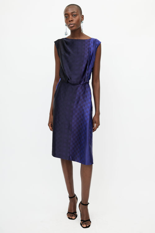 Dries Van Noten Navy 
Blue Silk Checkered Gathered Dress