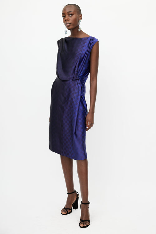 Dries Van Noten Navy 
Blue Silk Checkered Gathered Dress