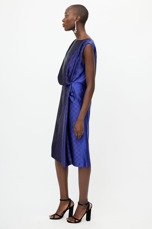 Dries Van Noten Navy 
Blue Silk Checkered Gathered Dress