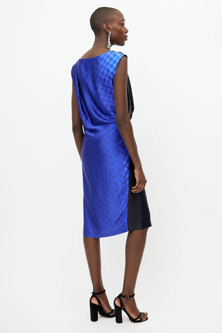 Dries Van Noten Navy 
Blue Silk Checkered Gathered Dress