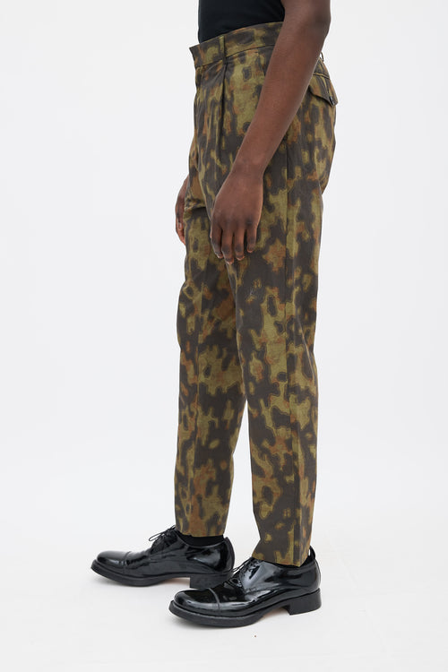 Dries Van Noten Green Camouflage Pleated Pant