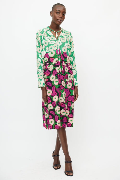 Dries Van Noten Green 
Purple Floral Midi Dress