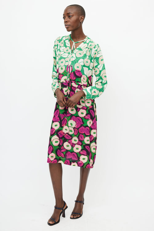 Dries Van Noten Green 
Purple Floral Midi Dress