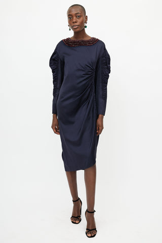 Dries Van Noten Navy 
Red Jewel Collar Gathered Dress