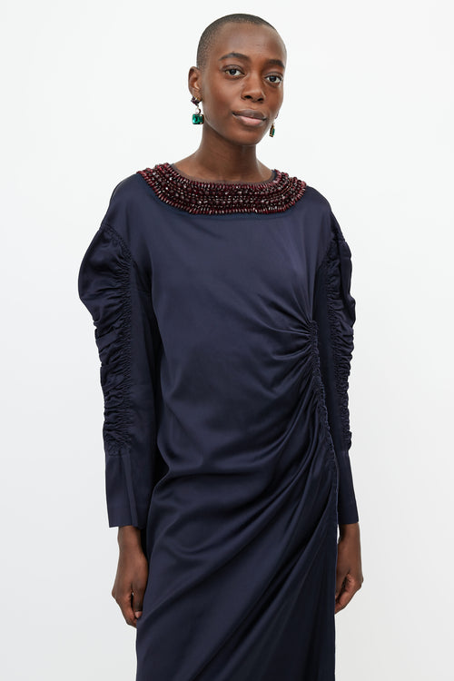 Dries Van Noten Navy 
Red Jewel Collar Gathered Dress