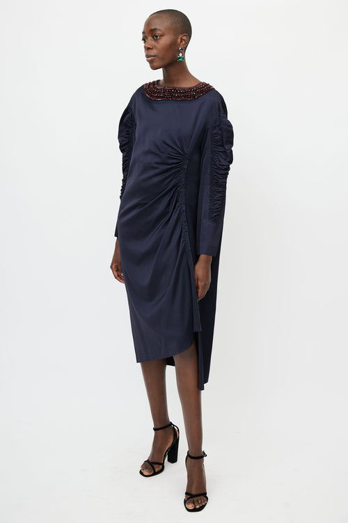 Dries Van Noten Navy 
Red Jewel Collar Gathered Dress