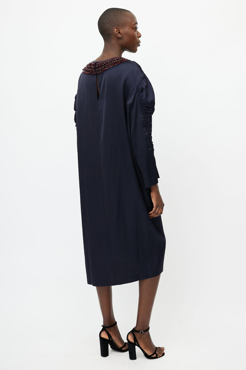 Dries Van Noten Navy 
Red Jewel Collar Gathered Dress