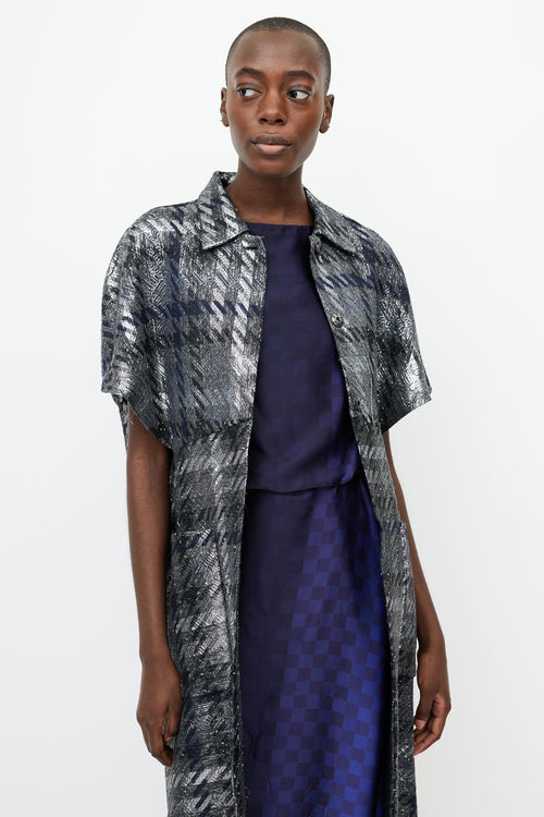 Dries Van Noten Navy 
Silver Jacquard Short Sleeve Coat