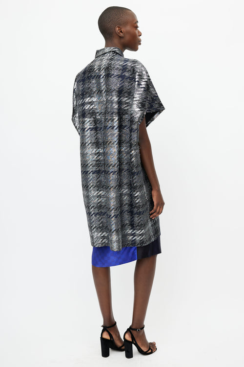 Dries Van Noten Navy 
Silver Jacquard Short Sleeve Coat