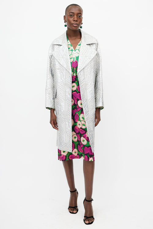 Dries Van Noten Silver Jacquard Belted Coat