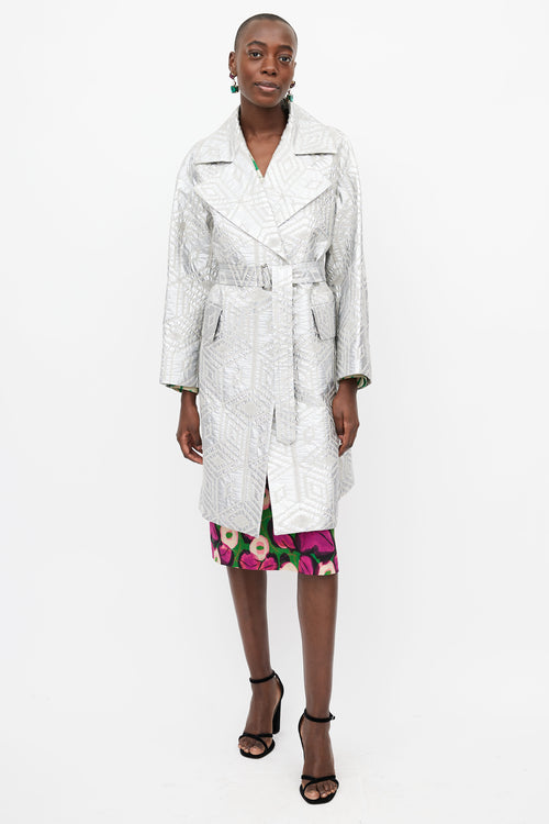 Dries Van Noten Silver Jacquard Belted Coat