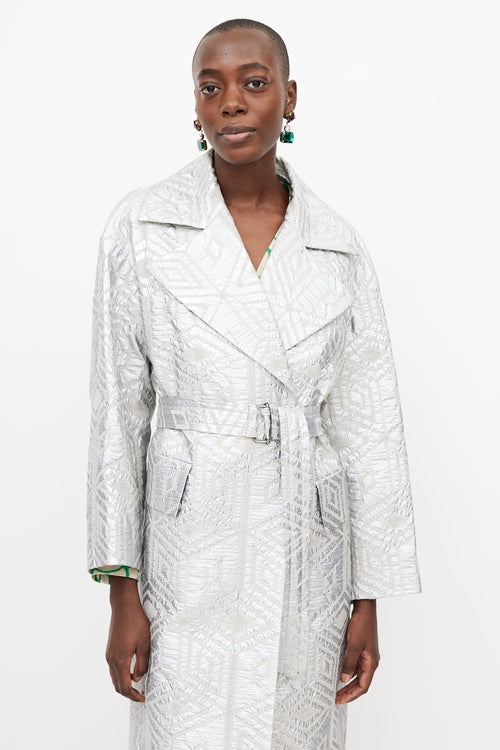 Dries Van Noten Silver Jacquard Belted Coat