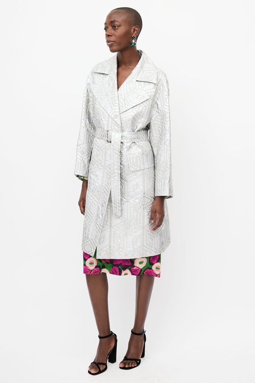 Dries Van Noten Silver Jacquard Belted Coat