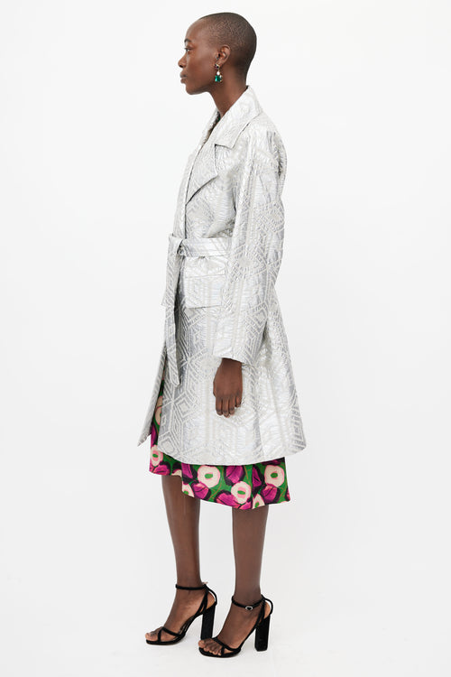 Dries Van Noten Silver Jacquard Belted Coat