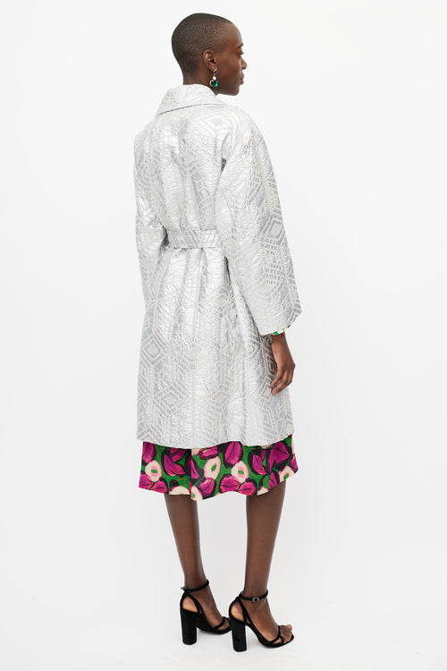 Dries Van Noten Silver Jacquard Belted Coat