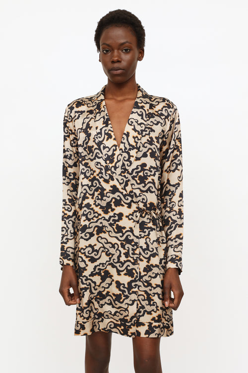 Dries Van Noten Brown 
Black Satin Wrap Dress