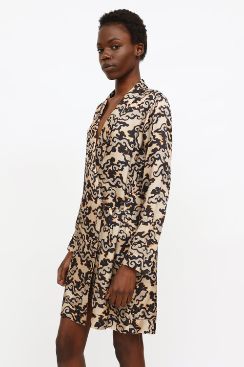 Dries Van Noten Brown 
Black Satin Wrap Dress