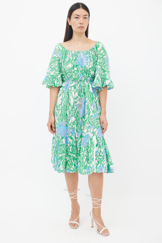 Emilio Pucci Green 
Blue Floral Print Belted Midi Dress