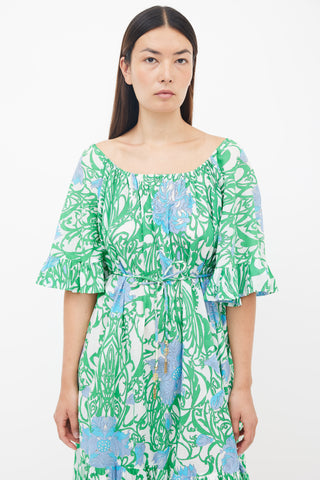 Emilio Pucci Green 
Blue Floral Print Belted Midi Dress