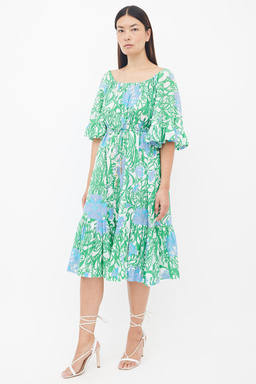 Emilio Pucci Green 
Blue Floral Print Belted Midi Dress