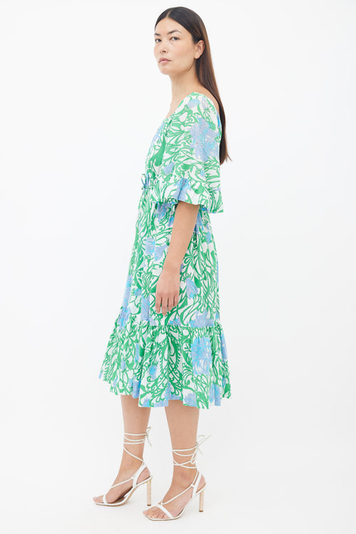 Emilio Pucci Green 
Blue Floral Print Belted Midi Dress