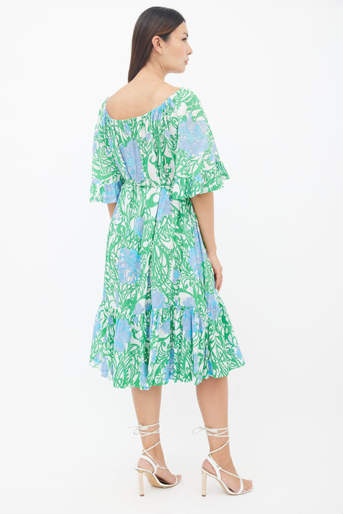 Emilio Pucci Green 
Blue Floral Print Belted Midi Dress