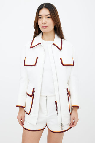 Emilio Pucci White Cotton Two-Piece Burgundy Orange Silk Trim Jacket 
Short  Co-Ord Sets