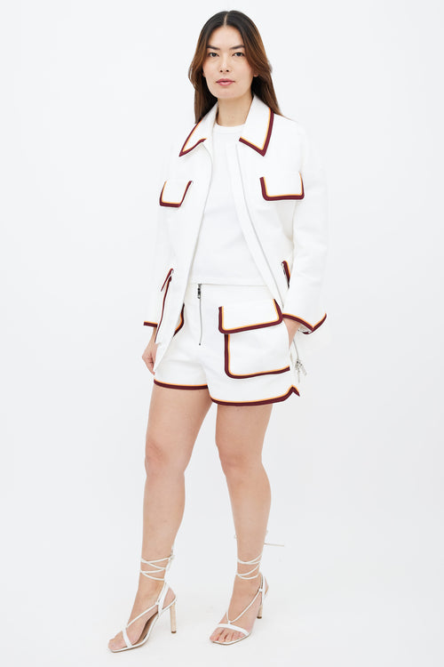 Emilio Pucci White Cotton Two-Piece Burgundy Orange Silk Trim Jacket 
Short  Co-Ord Sets