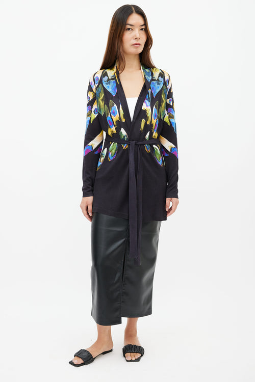 Etro Black 
Multi Feather Print Belted Cardigan