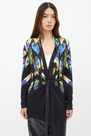 Etro Black 
Multi Feather Print Belted Cardigan