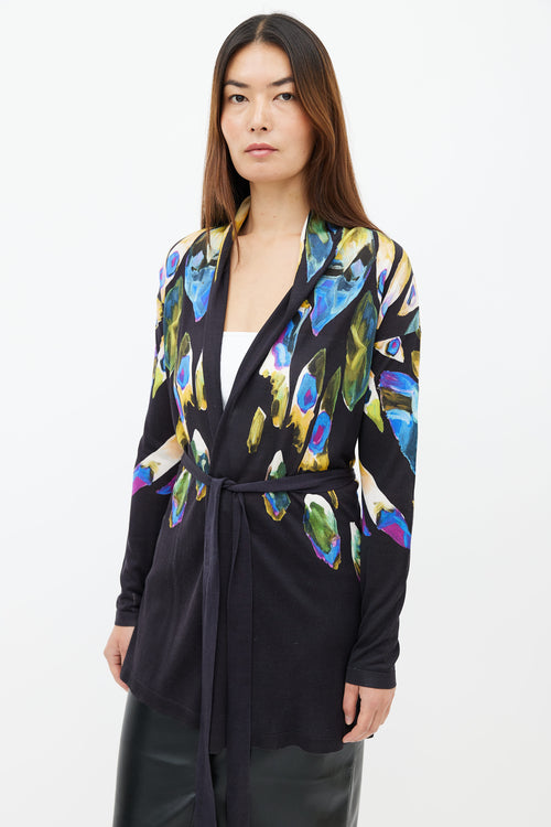 Etro Black 
Multi Feather Print Belted Cardigan