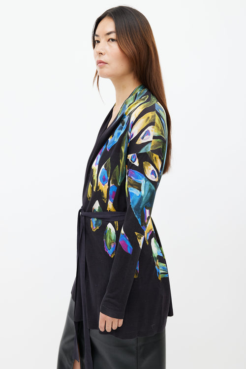 Etro Black 
Multi Feather Print Belted Cardigan