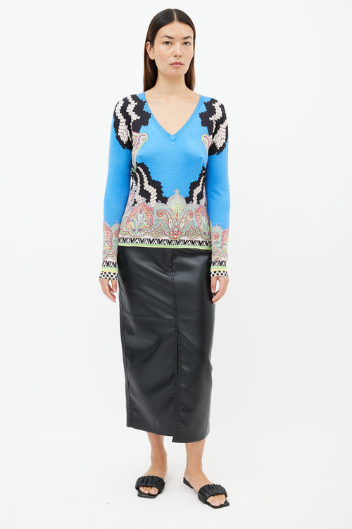 Etro Blue 
Multi Print V-Neck Sweater