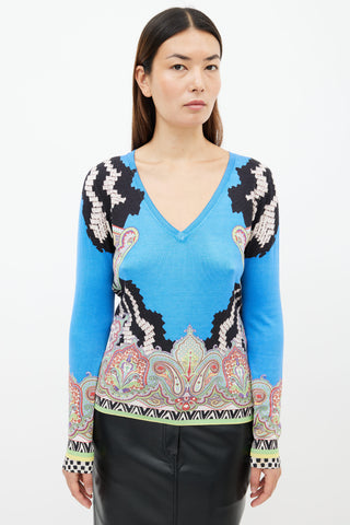 Etro Blue 
Multi Print V-Neck Sweater