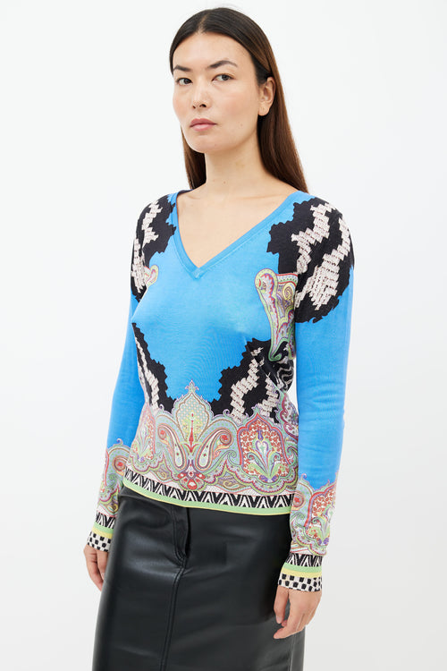 Etro Blue 
Multi Print V-Neck Sweater