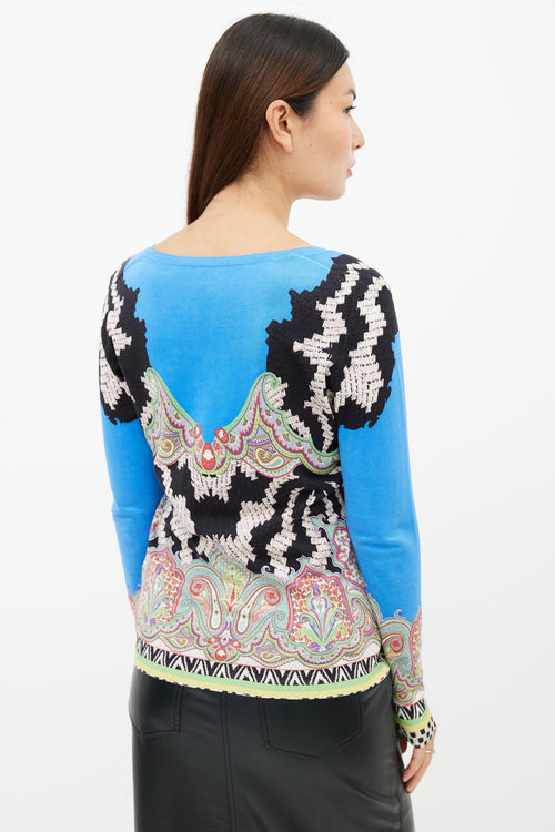 Etro Blue 
Multi Print V-Neck Sweater