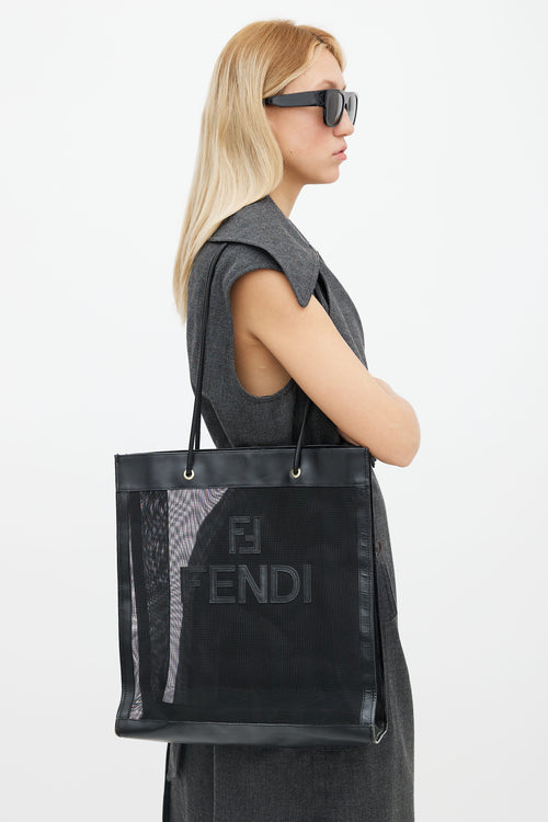 Fendi Black Mesh 
Leather Logo Tote