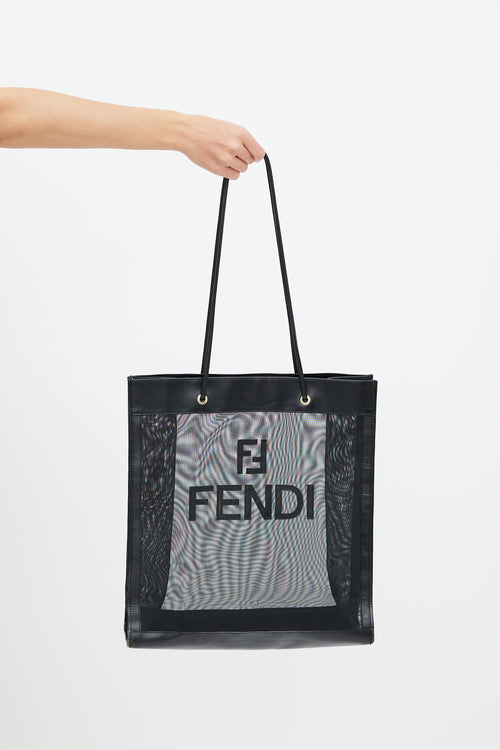 Fendi Black Mesh 
Leather Logo Tote