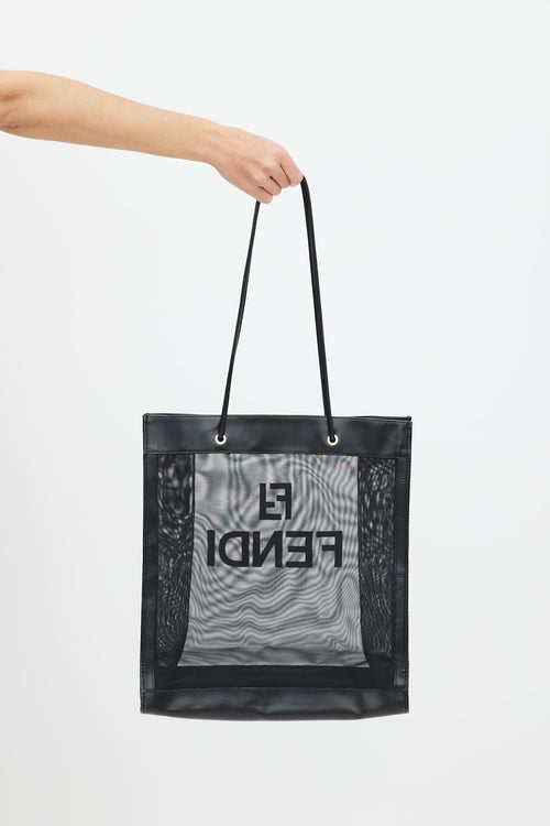 Fendi Black Mesh 
Leather Logo Tote