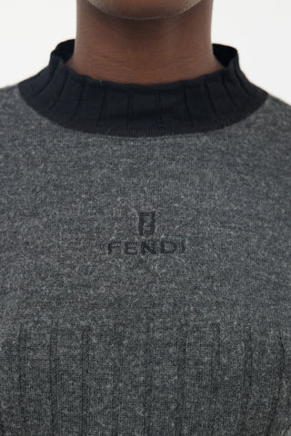 Fendi Grey 
Black Logo Mock Neck Knit Sweater