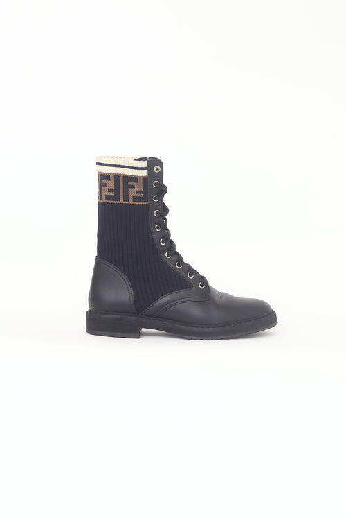 Fendi Black 
Zucca Trim Knit Rockoko Boots