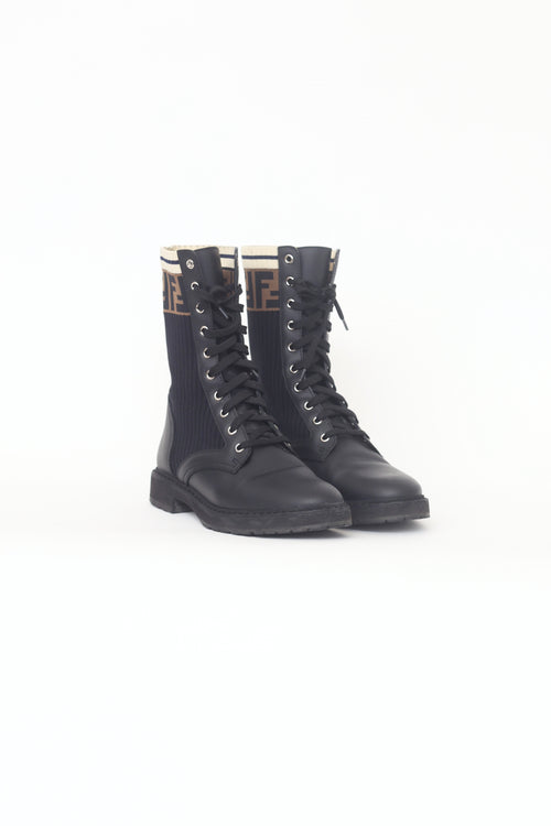 Fendi Black 
Zucca Trim Knit Rockoko Boots