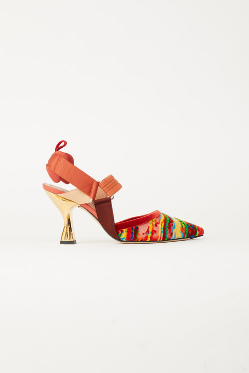 Fendi Orange Multi Colibri Velvet Slingback Heel