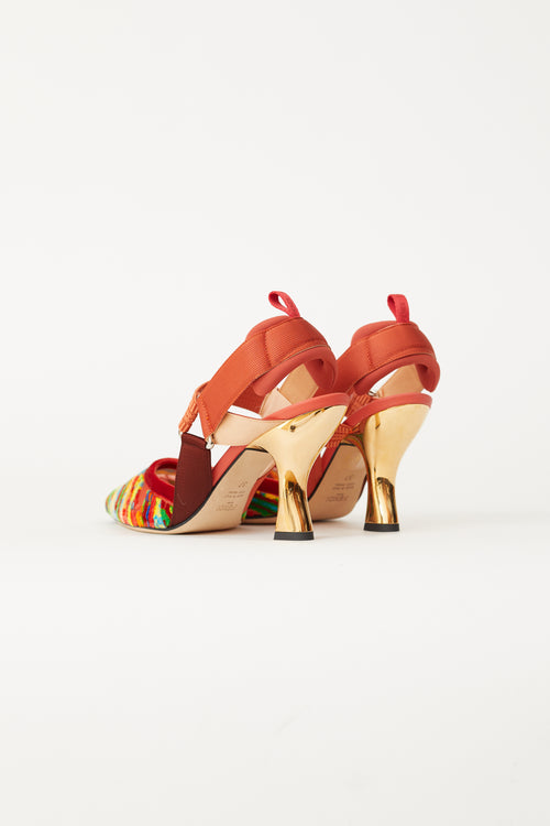 Fendi Orange Multi Colibri Velvet Slingback Heel