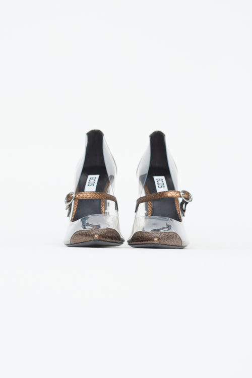 GCDS Brown Leather 
Clear PVC Block Heel Heel